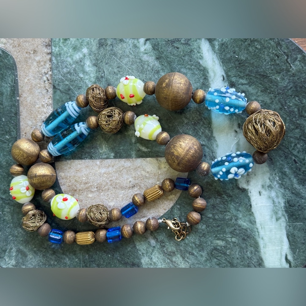 Vintage Handcrafted Necklace with Lampwork Glass and Wire Wrapped Beads